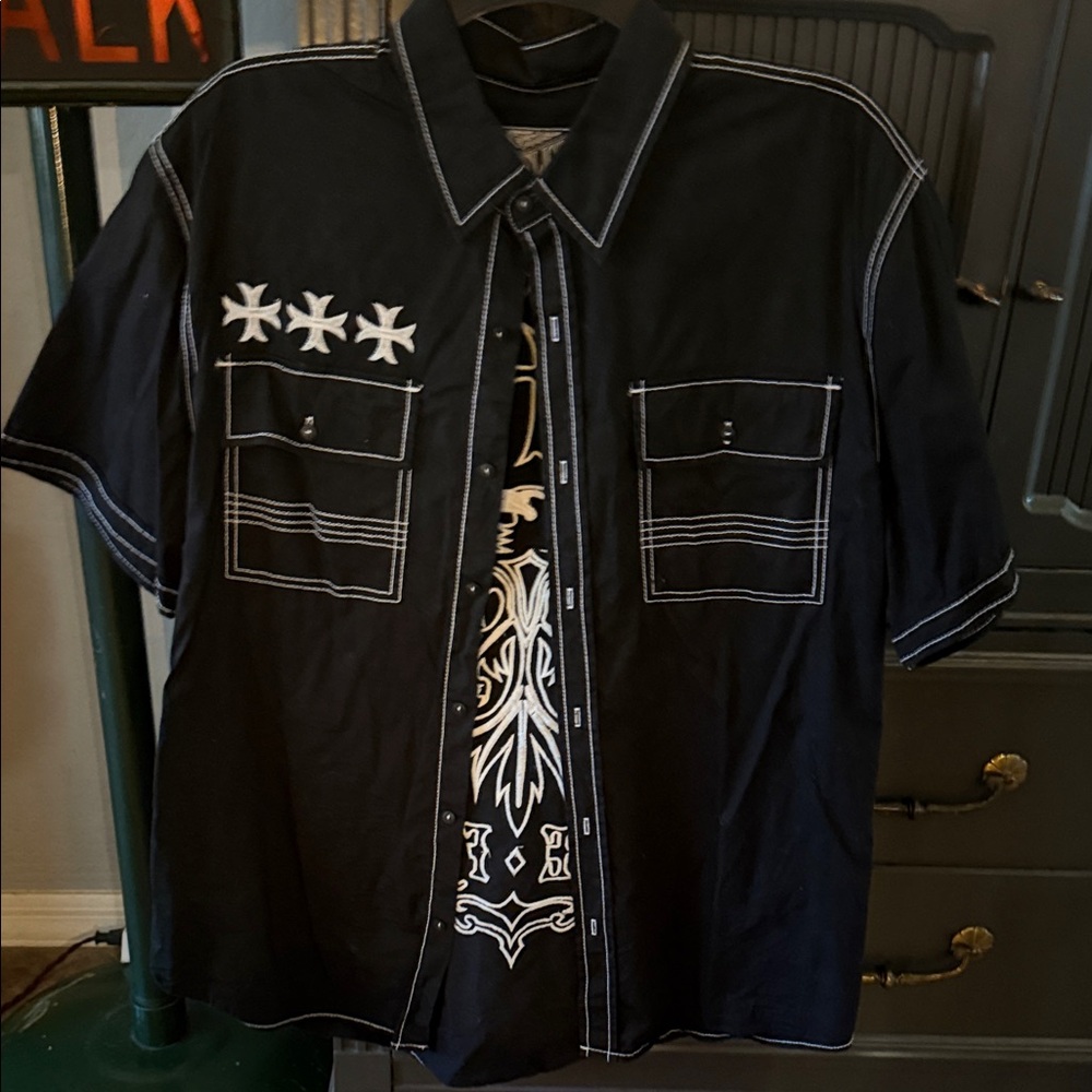Affliction Black Short Sleeve Shirt with Star Design